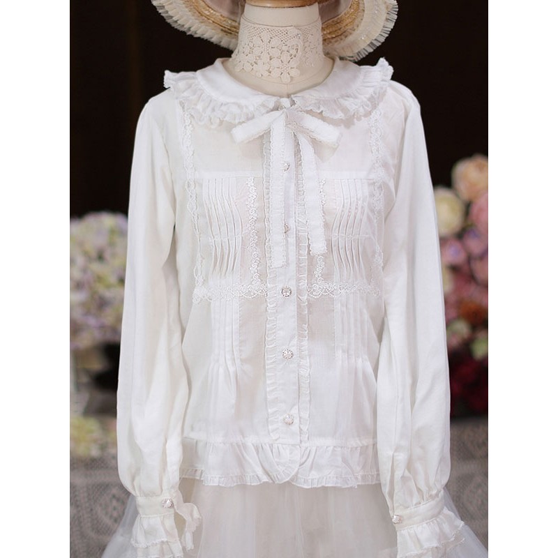 Lolita White Long Sleeves Lace Ruffles Lolita Top Lolita Shirt Blouses Sweet Daily Casual Tea Party