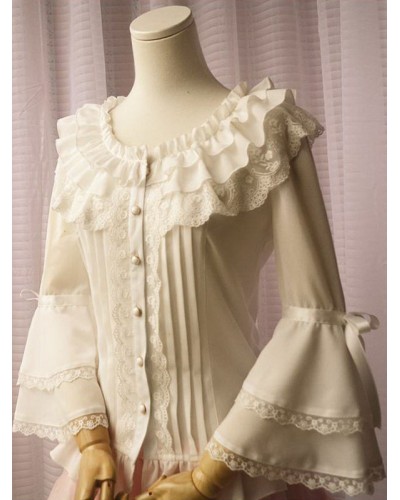 White Chiffon Lolita Blouse Long Hime Sleeves Lace Trim Round Ruffles Collar Sweet Daily Casual