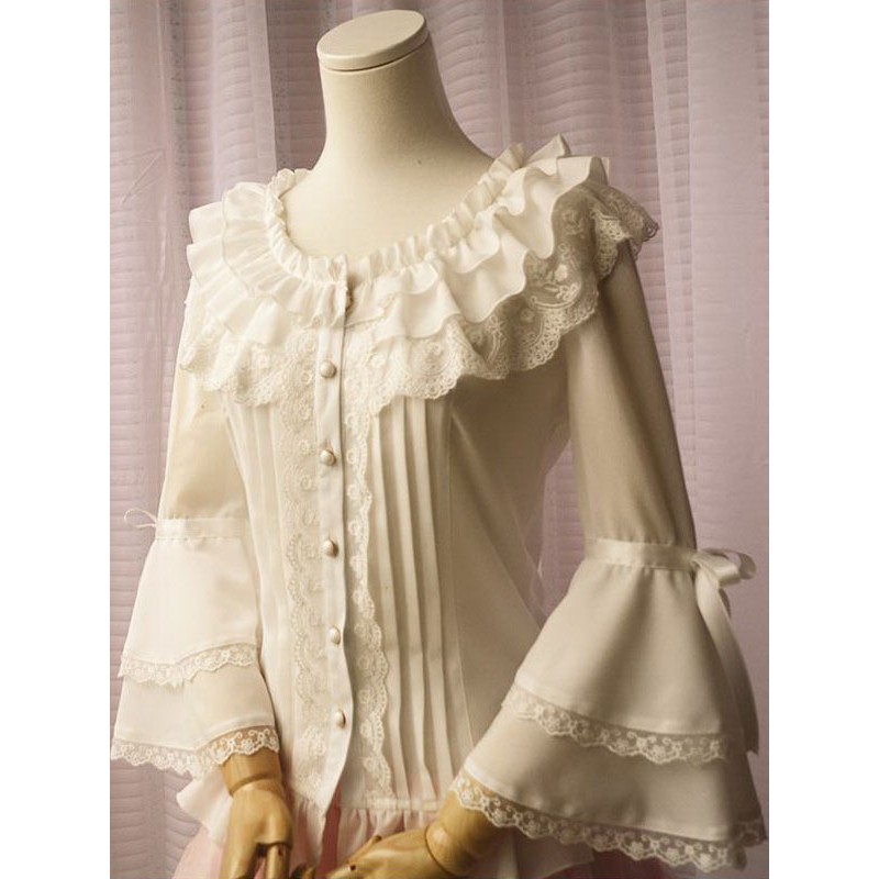 White Chiffon Lolita Blouse Long Hime Sleeves Lace Trim Round Ruffles Collar Sweet Daily Casual