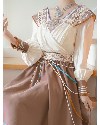 Chinese Style Lolita Outfits Light Brown Chains Jacquard Long Sleeves Dress Accessory Chinese Style