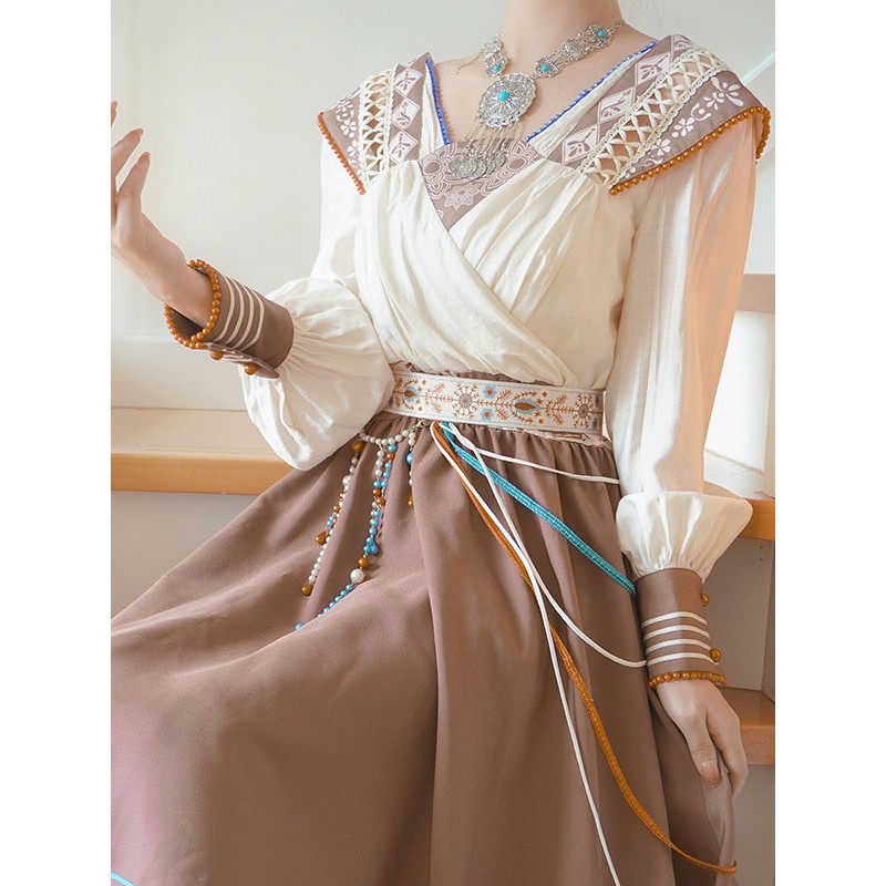 Chinese Style Lolita Outfits Light Brown Chains Jacquard Long Sleeves Dress Accessory Chinese Style