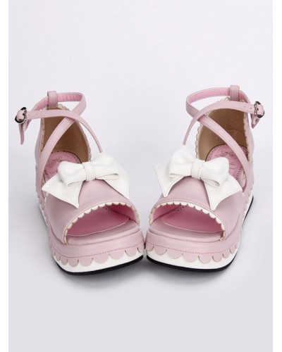 Pink Lolita Platform Sandals White Bows Ankle Straps Heart Shape Buckle Lovely Halloween