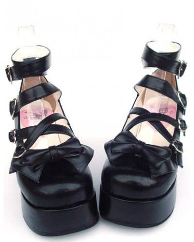 Sweet Matte Black Lolita High Platform Shoes Ankle Straps Heart Shape Buckles Bow