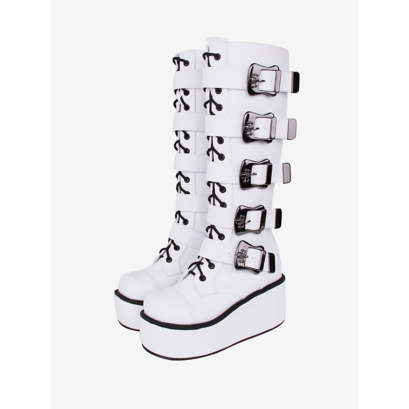 Gothic Lolita Boots PU Leather Two-Tone Grommets Round Toe White Lolita Footwear Daily Casual