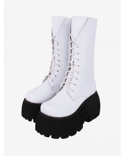 Gothic Lolita Boots White PU Round Toe PU Leather Lolita Footwear Daily Casual