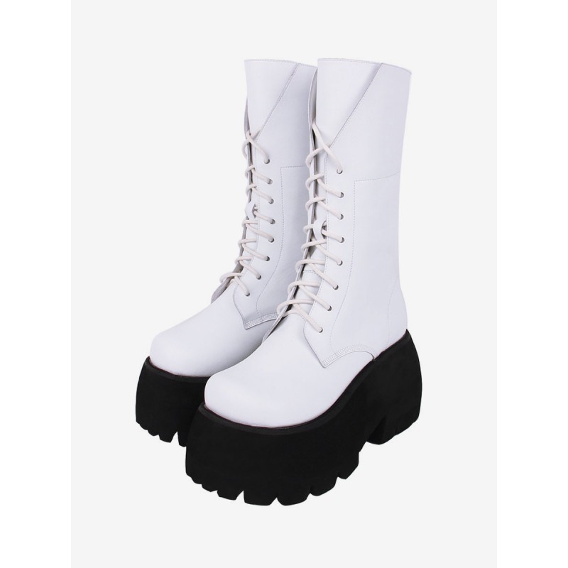 Gothic Lolita Boots White PU Round Toe PU Leather Lolita Footwear Daily Casual