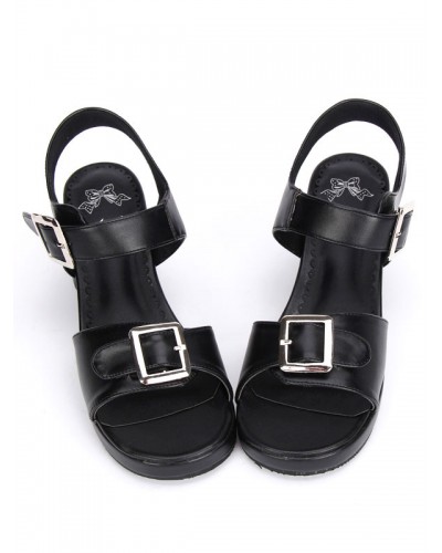 Black/White Lolita Sandals Chunky Pony Heels Square Buckles Ankle Strap Cosplay Ball