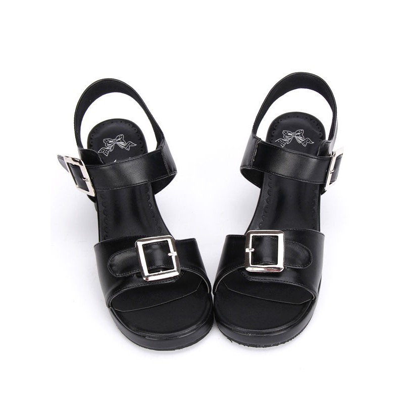 Black/White Lolita Sandals Chunky Pony Heels Square Buckles Ankle Strap Cosplay Ball