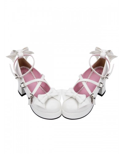 Sweet Lolita Shoes White Bow Cross Front Ankle Strap Chunky Heel Lolita Pumps