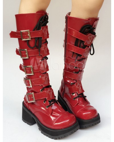 Lolita Shoes Red Buckle Chunky Heel Lolita Boots Steampunk