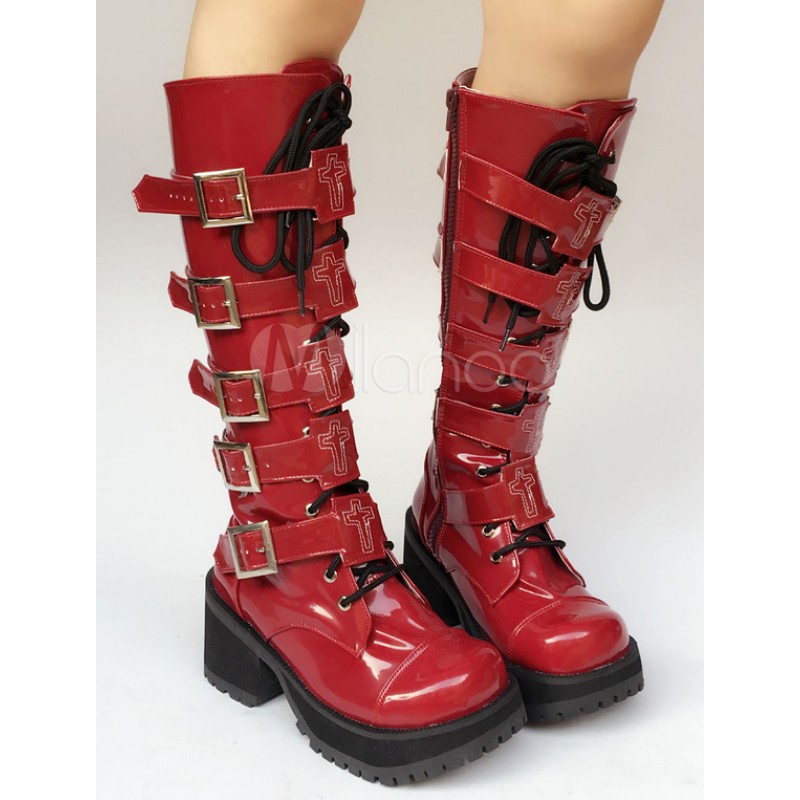 Lolita Shoes Red Buckle Chunky Heel Lolita Boots Steampunk