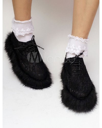 Sweet Lolita Shoes Black Lace Up Faux Fur Sole Lolita Pumps