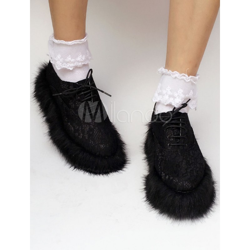 Sweet Lolita Shoes Black Lace Up Faux Fur Sole Lolita Pumps