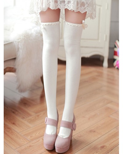 Classic Lolita Stockings White Bows Ribbons Printed Lolita Knee High Socks