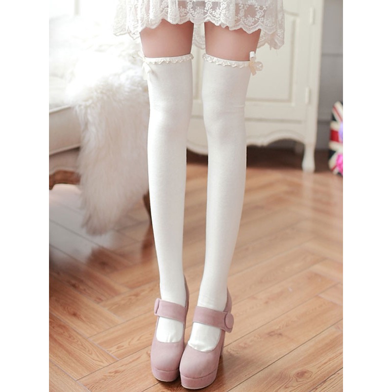 Classic Lolita Stockings White Bows Ribbons Printed Lolita Knee High Socks