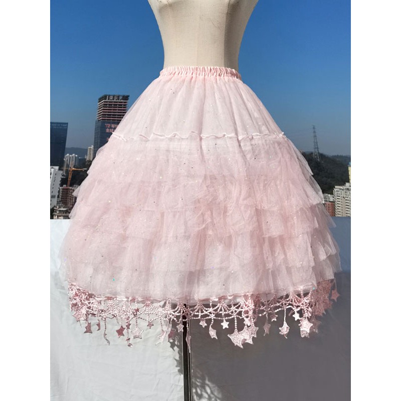 Lolita Petticoats Polyester Ruffles Sequins Stars Print Pink Lolita Skirt Sweet