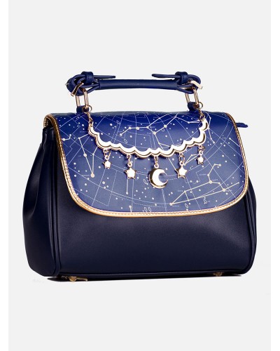 Classic Lolita Bag Constellation Galaxy Print Blue Leather Lolita Handbags