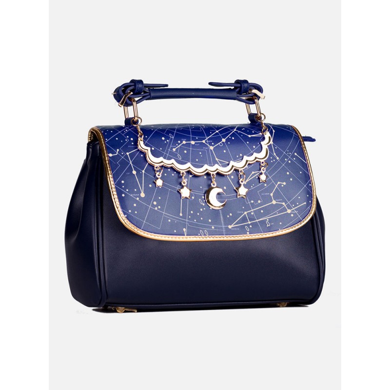 Classic Lolita Bag Constellation Galaxy Print Blue Leather Lolita Handbags