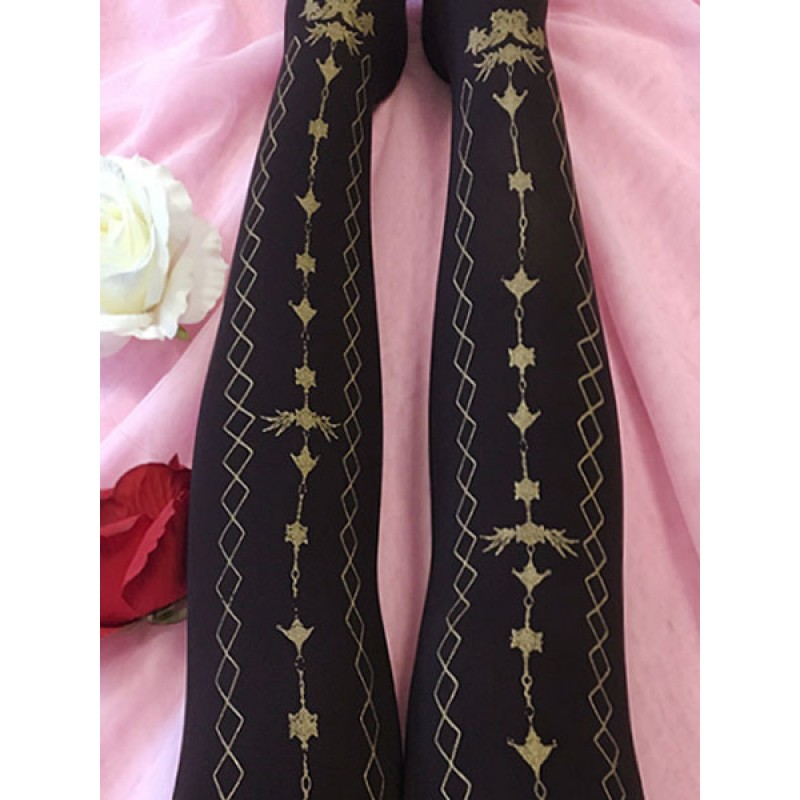 Gothic Lolita Pantyhose Black Velvet Printed Lolita Tights Bottoms Daily Casual