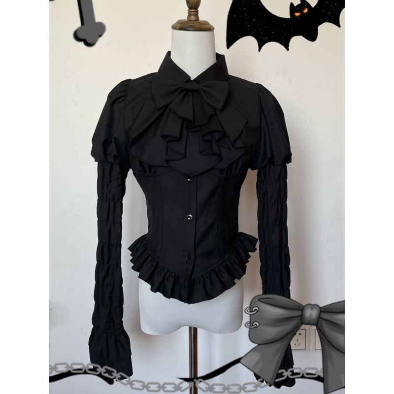 Lolita Lolita Top Black Long Sleeves Ruffles Bows Lolita Shirt Blouses Gothic Daily Casual