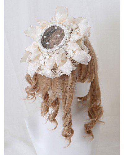 Lolita Hat Pearls Flowers Lace Polyester Ivory Lolita Hats Pastoral Style Daily Casual