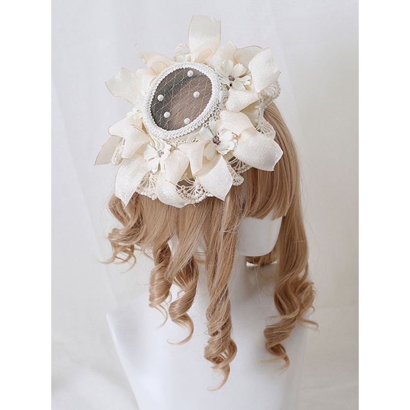 Lolita Hat Pearls Flowers Lace Polyester Ivory Lolita Hats Pastoral Style Daily Casual