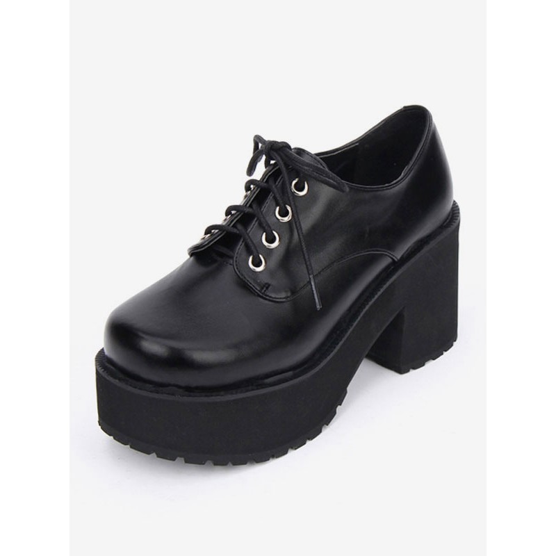 Sweet Lolita Shoes Black Platform Chunky Heel Lace Up Lolita Boots