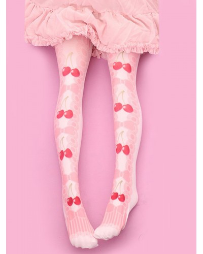 Sweet Lolita Stockings Velvet Pink Cherry Bow Printed Lolita Socks Daily Casual