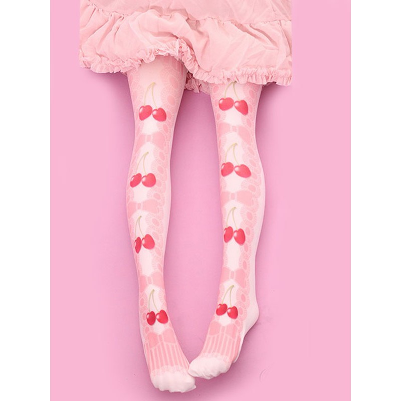 Sweet Lolita Stockings Velvet Pink Cherry Bow Printed Lolita Socks Daily Casual