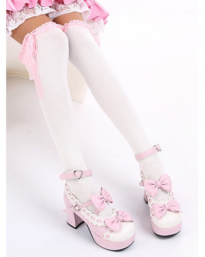 Sweet White Black Cotton Lolita Knee High Socks Lace Trim Bow Decor