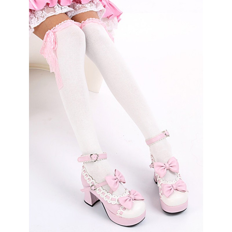 Sweet White Black Cotton Lolita Knee High Socks Lace Trim Bow Decor