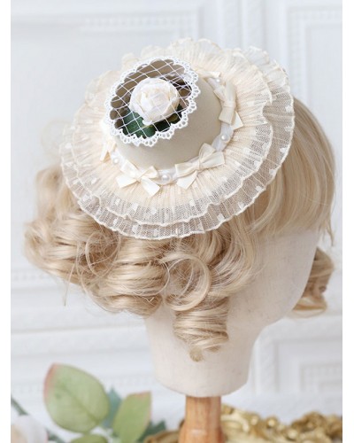 Style Lolita Hat Ecru White Rose Ruffles Accessory Lolita Accessories Sweet ROCOCO