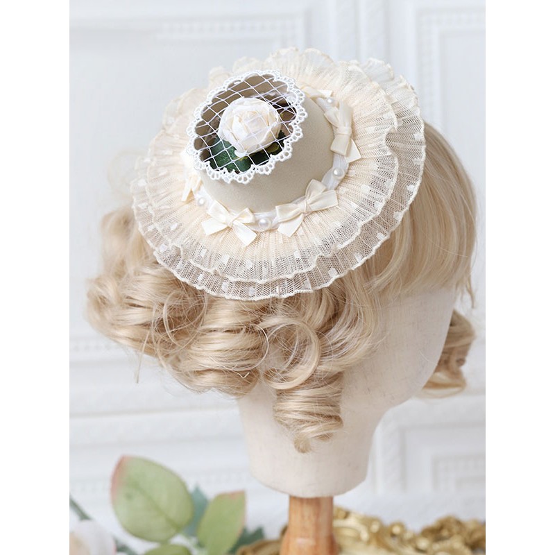 Style Lolita Hat Ecru White Rose Ruffles Accessory Lolita Accessories Sweet ROCOCO