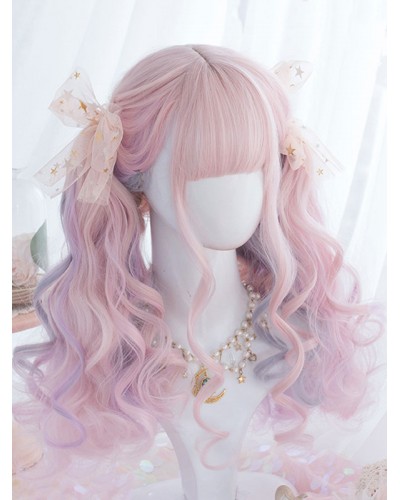 Sweet Lolita Wigs Pink Ombre Long Curly Lolita Hair Wigs With Blunt Bang