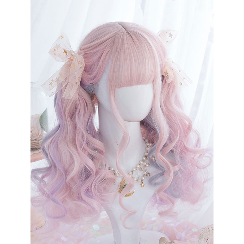 Sweet Lolita Wigs Pink Ombre Long Curly Lolita Hair Wigs With Blunt Bang