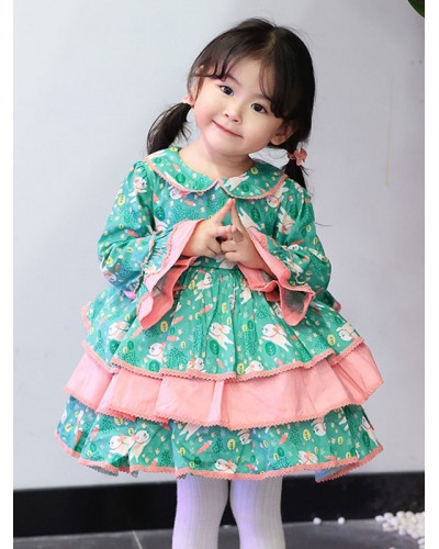 Polyester Tea Party Bows Long Sleeves Polyester Fall Dress Floral Print Style Green Kids' Lolita Dresses Sweet ROCOCO