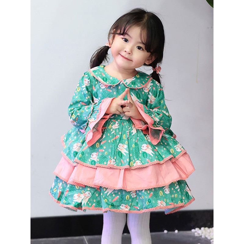 Polyester Tea Party Bows Long Sleeves Polyester Fall Dress Floral Print Style Green Kids' Lolita Dresses Sweet ROCOCO