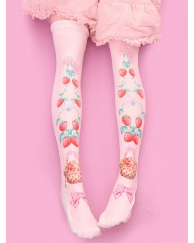 Sweet Lolita Stockings Strawberry Pink Velvet Printed Lolita Knee High Socks Daily Casual