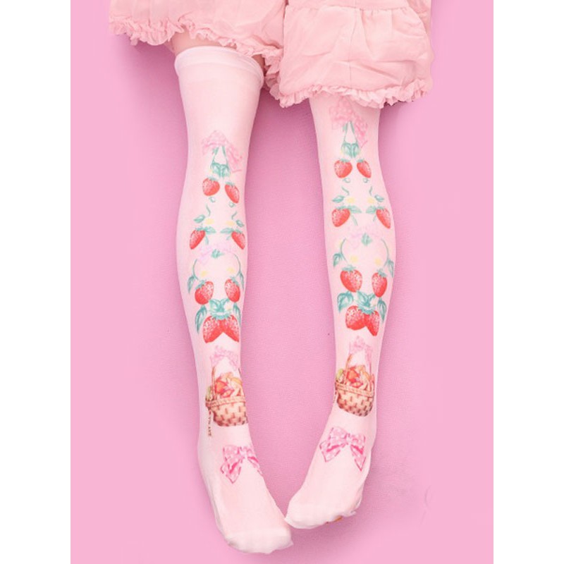 Sweet Lolita Stockings Strawberry Pink Velvet Printed Lolita Knee High Socks Daily Casual