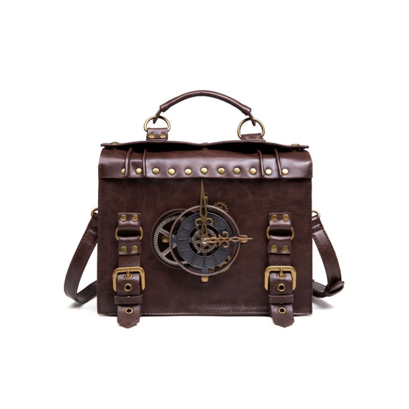 Lolita Bag Coffee Brown PU Leather Rivets Metal Details Cross-body Bag Lolita Accessories Steampunk