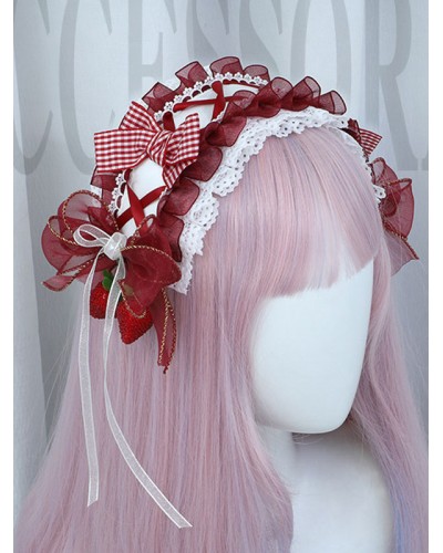 Lolita Accessories Burgundy Bows Polyester Fiber Headwear Plaid Miscellaneous Sweet