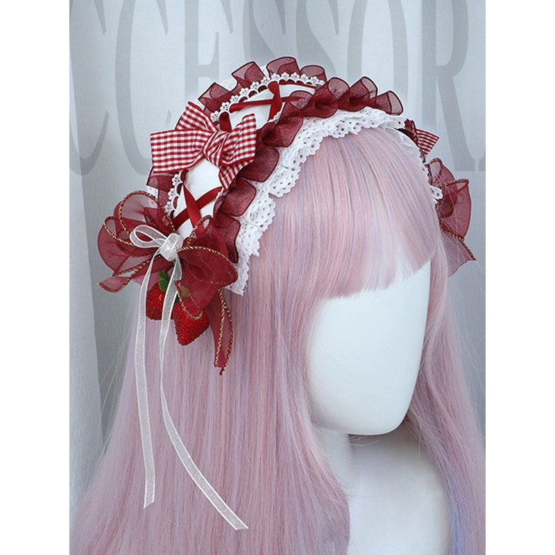 Lolita Accessories Burgundy Bows Polyester Fiber Headwear Plaid Miscellaneous Sweet