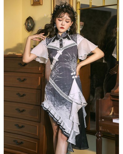 Chinese Style Lolita Gray Short Sleeves Ruffles Polyester Lolita One Piece Dress