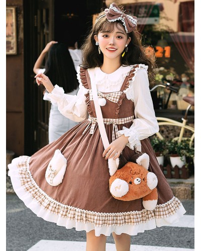 Sweet Lolita JSK Dress Coffee Brown Polyester Lace Up Ruffles Pleated Sleeveless Sweet Lolita Jumper Skirt