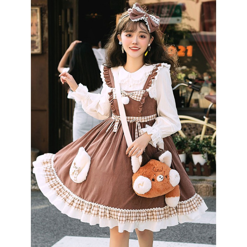 Sweet Lolita JSK Dress Coffee Brown Polyester Lace Up Ruffles Pleated Sleeveless Sweet Lolita Jumper Skirt