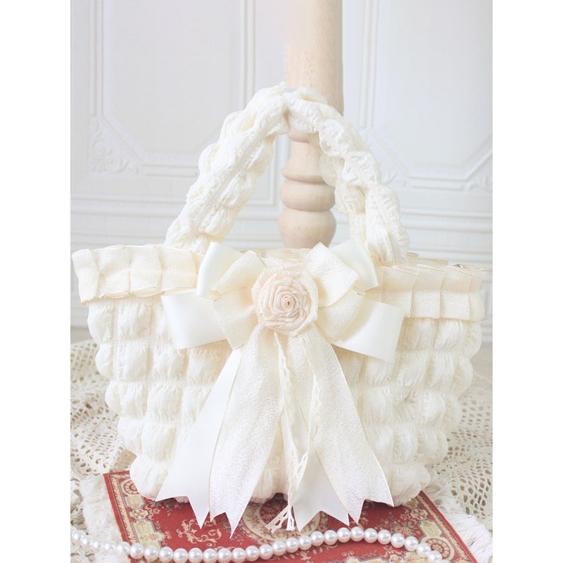 Style Lolita Bag Ecru White Polyester Rose Pattern Bow Polyester Lolita Accessories Handbag Sweet ROCOCO Daily Casual Tea Party