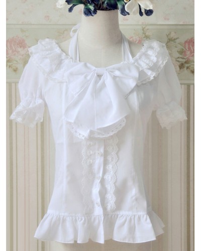 White Lace-Up Bows Ruffles Cotton Lolita Blouse For Women Sweet