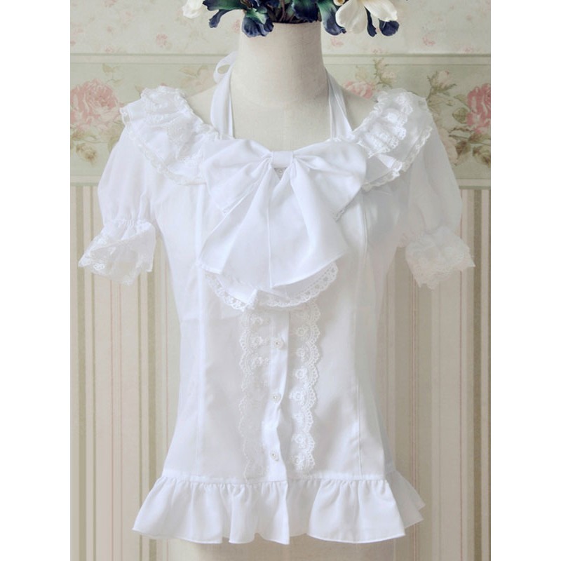 White Lace-Up Bows Ruffles Cotton Lolita Blouse For Women Sweet