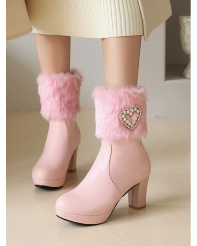 Lolita Boots High Heel Faux Fur Heart Decor Round Toe Lolita Footwear