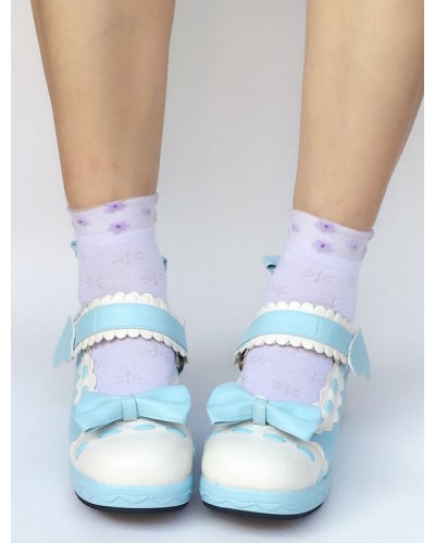 Sweet Lolita Shoes Light Sky Blue Bow Wedge Ankle Strap Round Toe Lolita Pumps